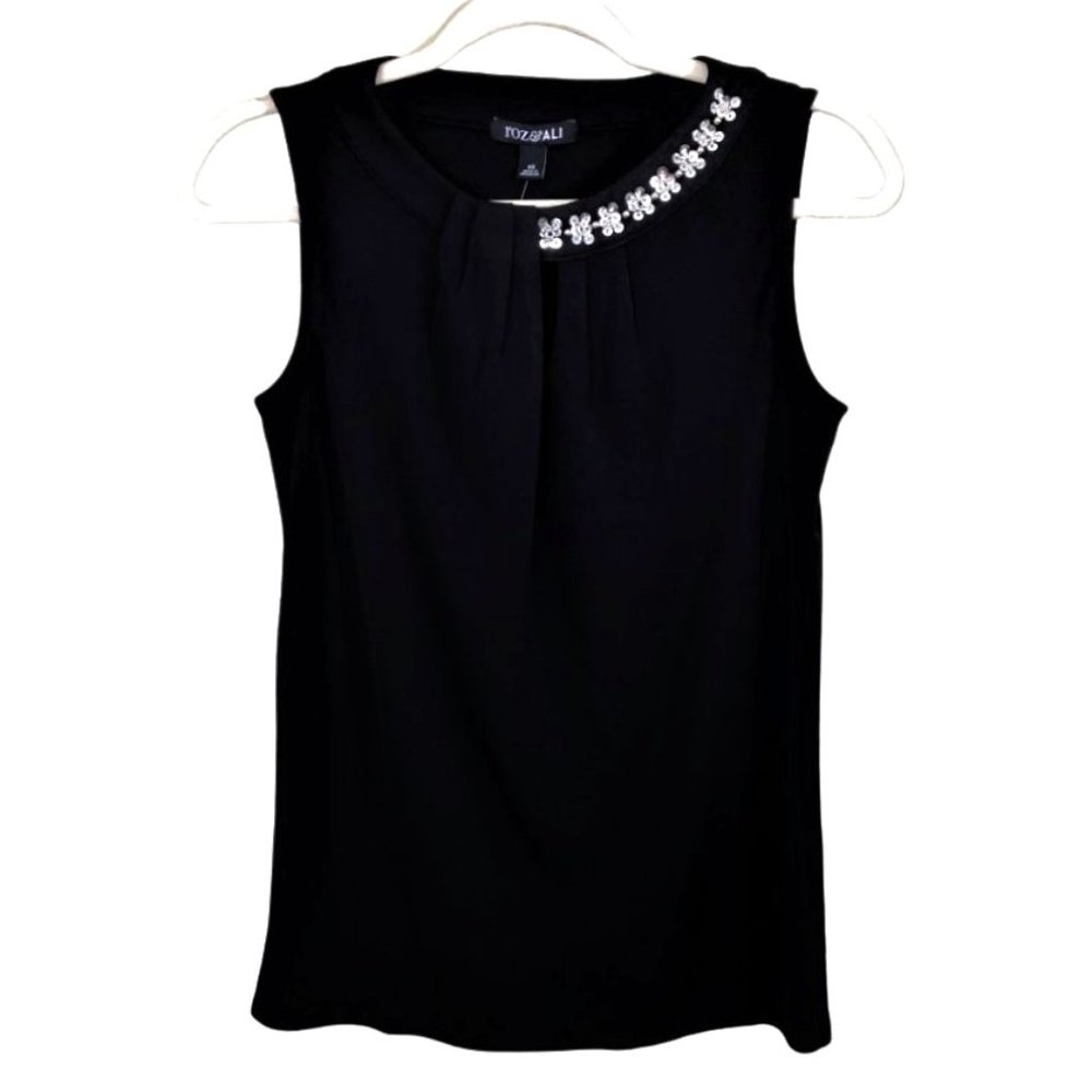 Roz & Ali Top Women Blouse Pleated Sleeveless Sequins Crew Neck Black Size XS